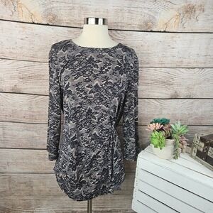 ELLE Lace Top 3/4 Sleeve‎ Tunic Blouse Elegant Casual Gray Black XL